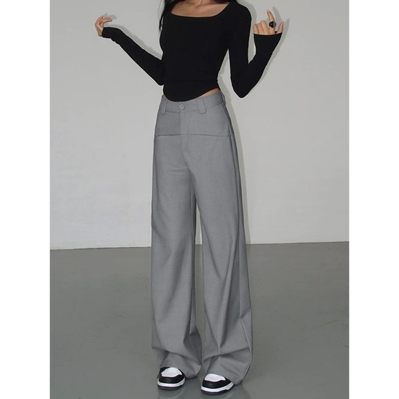 Wide Leg Pants Baggy Palazzo Pleated Front High Waist Pockets Gray Size 2 - Picture 1 of 5